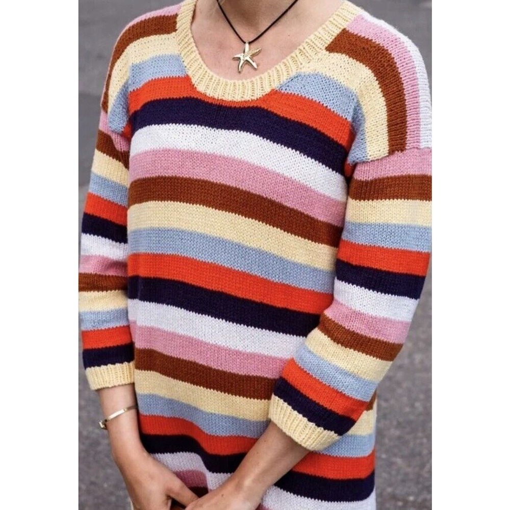 Vtg 90s Rainbow Sweater Women’s Sz XL Wool Blend Stripe Friends Y2K Knit Crew - Picture 1 of 8